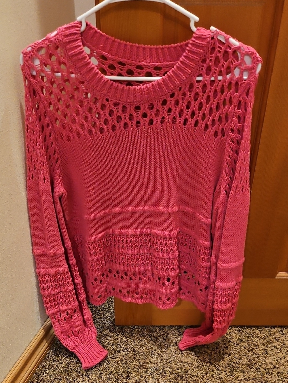 Women's Open-Knit Crewneck Sweater in Hot Pink